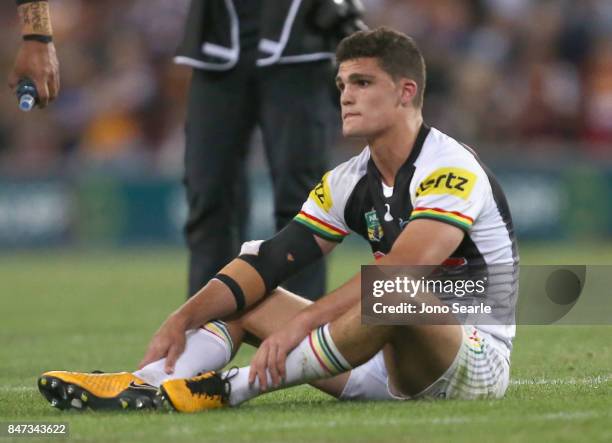 Nathan Cleary of the Panthers looks dejected after the loss during the NRL Semi Final match between the Brisbane Broncos and the Penrith Panthers at...