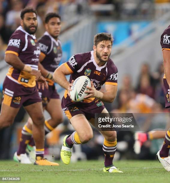 Ben Hunt of the Broncos looks to make a pass during the NRL Semi Final match between the Brisbane Broncos and the Penrith Panthers at Suncorp Stadium...