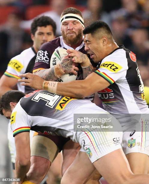 Josh McGuire of the Broncos takes a tackle during the NRL Semi Final match between the Brisbane Broncos and the Penrith Panthers at Suncorp Stadium...