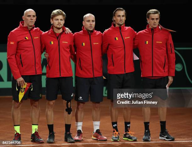 Captain, Johan Van Herck of Belgium, David Goffin, Steve Darcis, Ruben Bemelmans and Arthur De Greef line up during day one of the Davis Cup World...