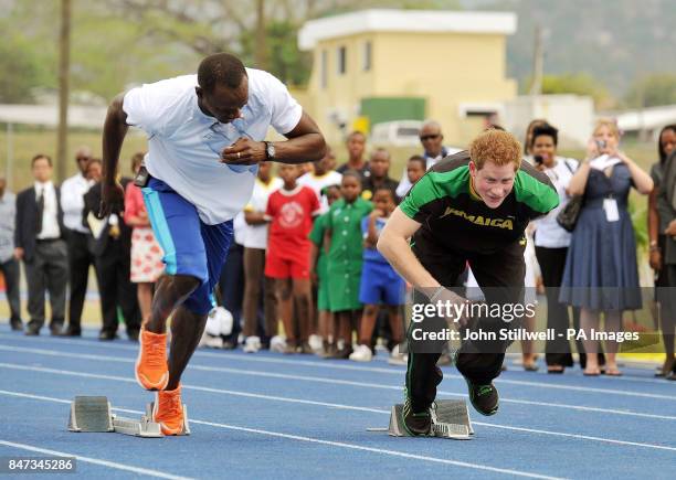 Prince Harry is first out of the blocks against Olympic sprint champion Usain Bolt, at the University of the West Indies, in Jamaica where the Prince...