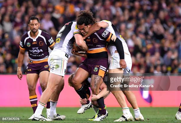 Adam Blair of the Broncos is tackled during the NRL Semi Final match between the Brisbane Broncos and the Penrith Panthers at Suncorp Stadium on...