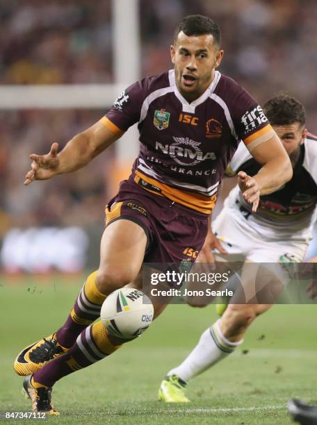 Jordan Kahu kicks the ball during the NRL Semi Final match between the Brisbane Broncos and the Penrith Panthers at Suncorp Stadium on September 15,...