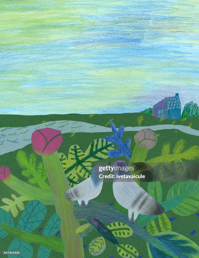 Landscape with river rosebush and pigeons