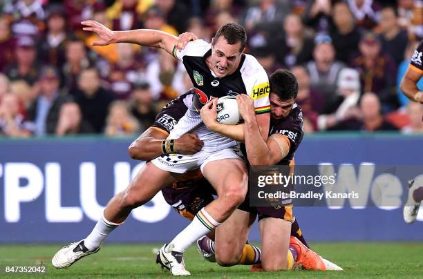 Isaah Yeo of the Panthers is tackled during the NRL Semi Final match between the Brisbane Broncos and the Penrith Panthers at Suncorp Stadium on...