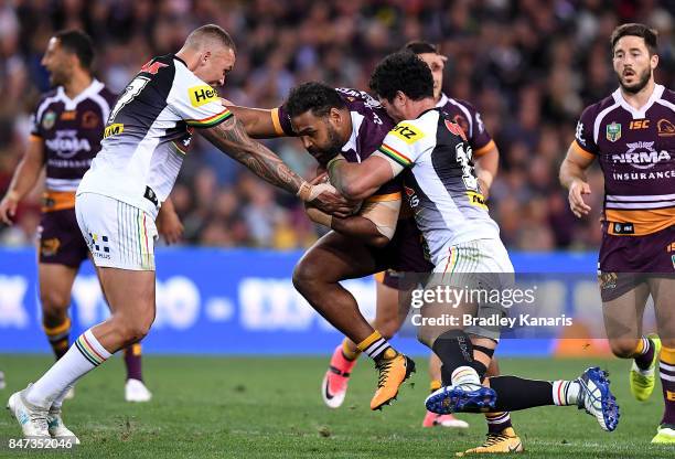 Sam Thaiday of the Broncos takes on the defence during the NRL Semi Final match between the Brisbane Broncos and the Penrith Panthers at Suncorp...