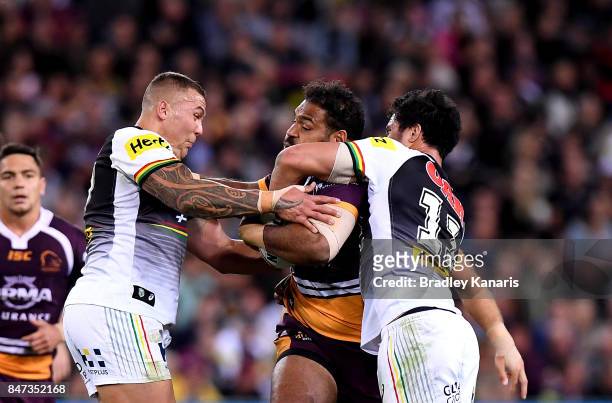 Sam Thaiday of the Broncos takes on the defence during the NRL Semi Final match between the Brisbane Broncos and the Penrith Panthers at Suncorp...