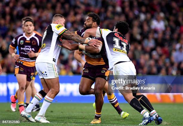 Sam Thaiday of the Broncos takes on the defence during the NRL Semi Final match between the Brisbane Broncos and the Penrith Panthers at Suncorp...