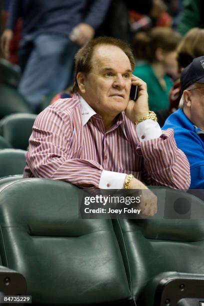 Baseball legend Pete Rose attends the Cleveland Cavaliers vs Indiana Pacers game at Conseco Fieldhouse on February 10, 2009 in Indianapolis, Indiana.