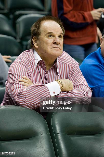 Baseball legend Pete Rose attends the Cleveland Cavaliers vs Indiana Pacers game at Conseco Fieldhouse on February 10, 2009 in Indianapolis, Indiana.