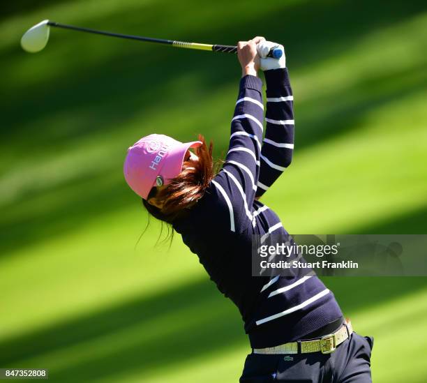 In - Kyung Kim of South Korea plays a shot during the weather delayed first round of The Evina Championship at Evian Resort Golf Club on September...