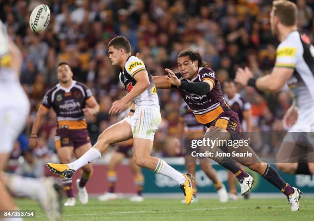 Nathan Cleary of the Panthers is chased down by Adam Blair of the Broncos during the NRL Semi Final match between the Brisbane Broncos and the...