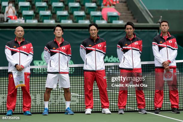 Members of the Japan Davis Cup team team captain Satoshi Iwabuchi, Yuichi Sugita, Go Soeda, Yasutaka Uchiyama and Ben McLachlan line up at the...
