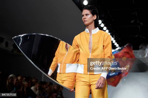 Models present creations by fashion house Fyodor Golan for their Spring/Summer 2018 collection on the first day of London Fashion Week Women's in...