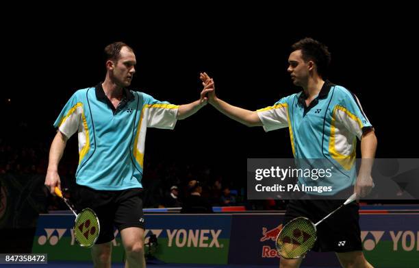 England's Andrew Ellis and Chris Adcock during their match against Korea's Jae Sung Jung and Young Dae Lee during the Yonex All England Badminton...