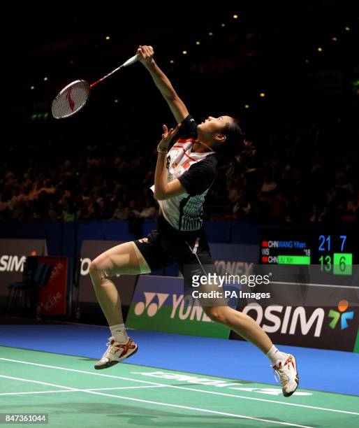 China's Yihan Wang during her victory over China's Xin Liu during the Yonex All England Badminton Championships at the National Indoor Arena in...