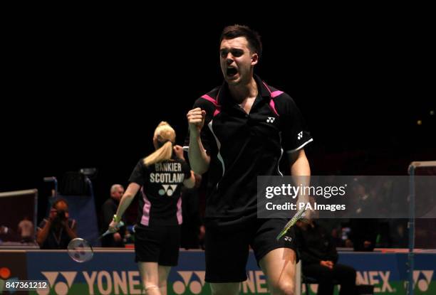 England's Chris Adcock and Scotland's Imogen Bankier celebrate a point on their way to victory over Korea's Yeon Seong Yoo and Ye Na Jang during the...