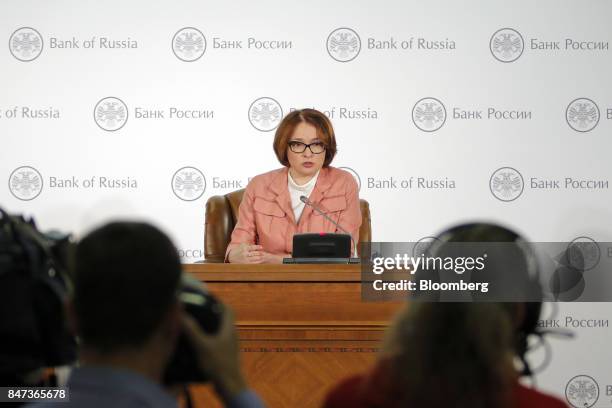 Elvira Nabiullina, Russia's central bank governor, speaks during a news conference to announce interest rates in Moscow, Russia, on Friday, Sept. 15,...