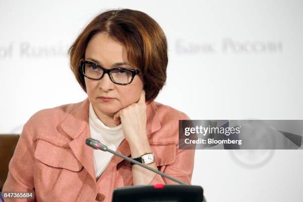 Elvira Nabiullina, Russia's central bank governor, pauses during a news conference to announce interest rates in Moscow, Russia, on Friday, Sept. 15,...