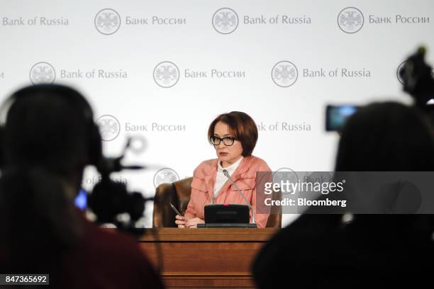 Elvira Nabiullina, Russia's central bank governor, speaks during a news conference to announce interest rates in Moscow, Russia, on Friday, Sept. 15,...