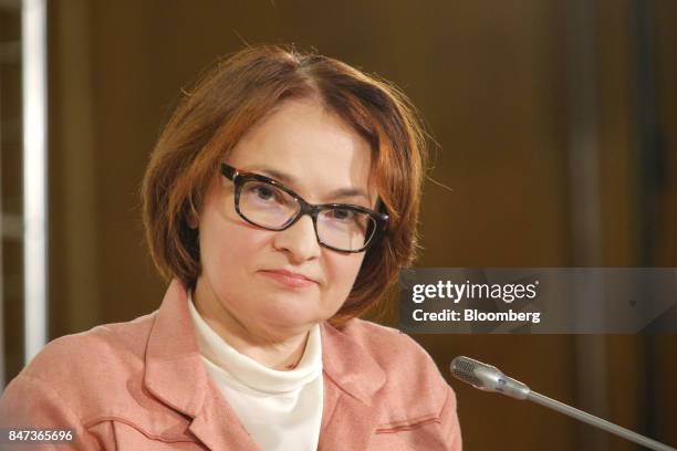 Elvira Nabiullina, Russia's central bank governor, pauses during a news conference to announce interest rates in Moscow, Russia, on Friday, Sept. 15,...