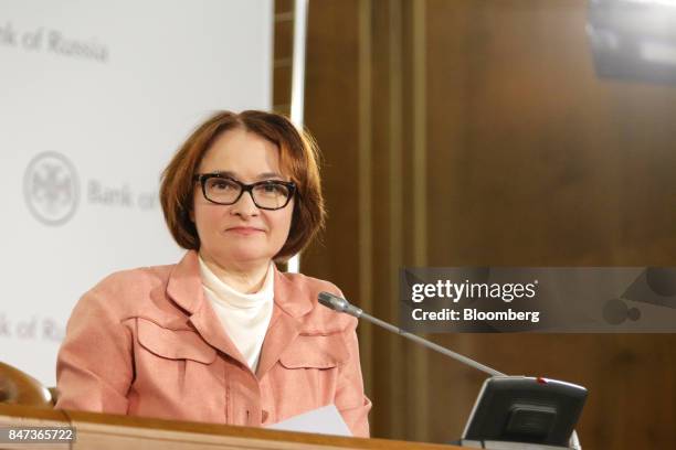 Elvira Nabiullina, Russia's central bank governor, reacts during a news conference to announce interest rates in Moscow, Russia, on Friday, Sept. 15,...