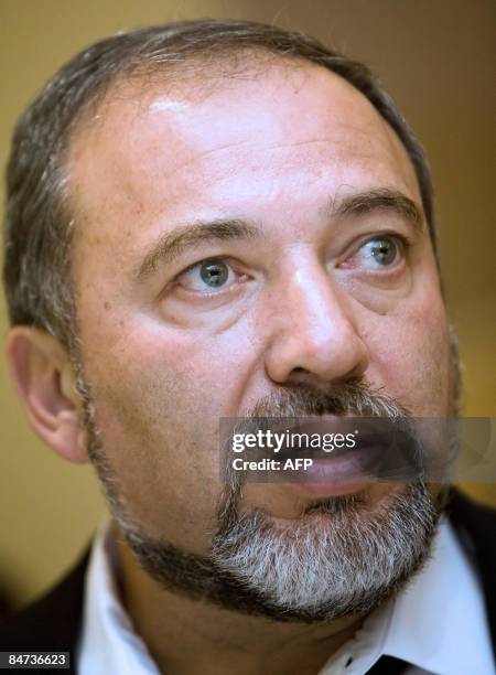 Avigdor Lieberman, the leader of the Israeli Yisrael Beiteinu political party, speaks to the media ahead of a meeting of his party cabinet members at...