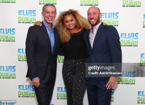 Elvis Duran poses for photos with singer Rachel Crow and David Nathan during "The Elvis Duran Z100 Morning Show" at Z100 Studio on September 15, 2017...