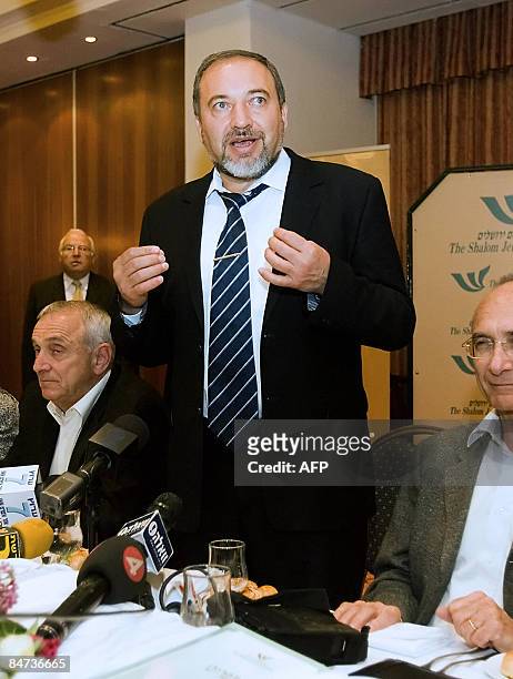 Avigdor Lieberman, the leader of the Israeli Yisrael Beiteinu political party, speaks to the media ahead of a meeting of his party cabinet members at...