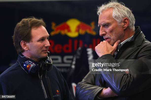 The owner of Red Bull Dieter Mateschitz of Austria and team Red Bull Racing team principal Christian Horner talk in the pits during Formula 1 testing...
