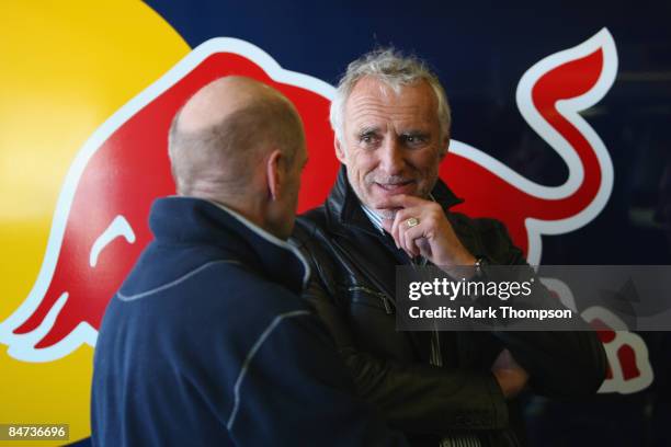 The owner of Red Bull Dieter Mateschitz of Austria and team Red Bull Racing chief technical officer Adrian Newey talk in the pits during Formula 1...