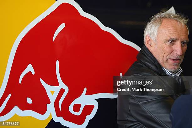 The owner of Red Bull Dieter Mateschitz of Austria in the pits during Formula 1 testing on February 11, 2009 in Jerez de la Frontera, Spain.