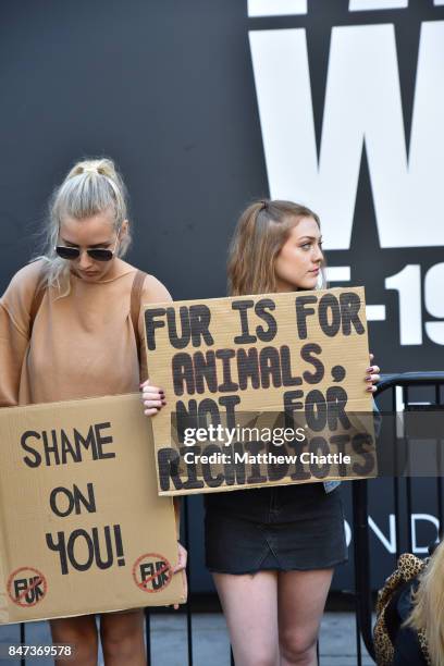 Anti fur protesters outside the London Fashion Week venue on September 15, 2017 in London, England. PHOTOGRAPH BY Matthew Chattle / Future Publishing