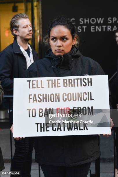Anti fur protesters outside the London Fashion Week venue on September 15, 2017 in London, England. PHOTOGRAPH BY Matthew Chattle / Future Publishing