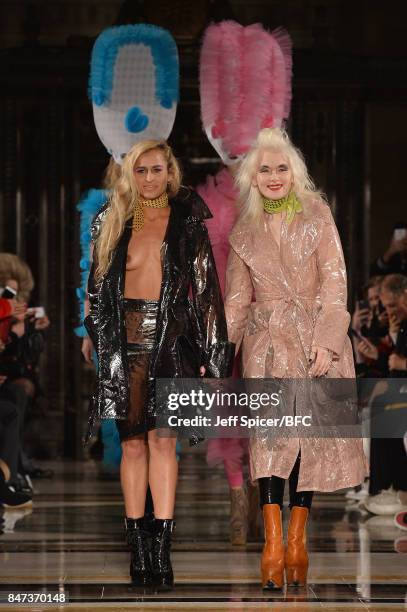 Model Alice Dellal and fashion designer Pam Hogg walk the runway after the Pam Hogg show during London Fashion Week September 2017 on September 15,...