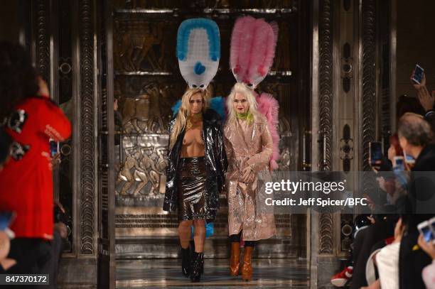 Model Alice Dellal and fashion designer Pam Hogg walk the runway after the Pam Hogg show during London Fashion Week September 2017 on September 15,...