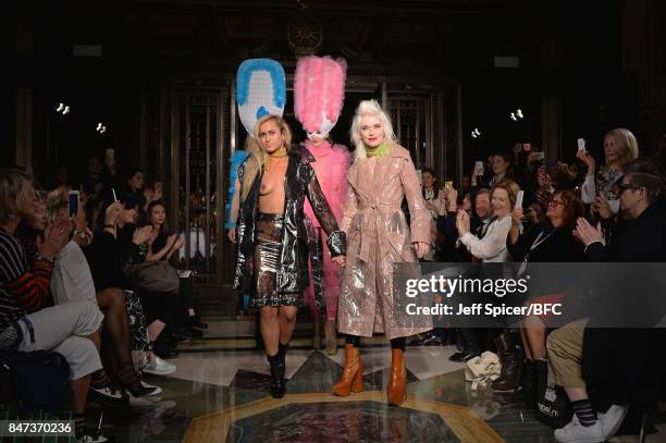 Model Alice Dellal and fashion designer Pam Hogg walk the runway after the Pam Hogg show during London Fashion Week September 2017 on September 15,...