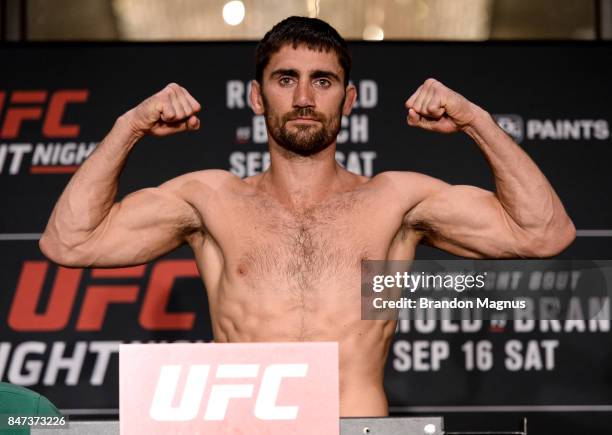 Jason Saggo of Canada poses on the scale during the UFC Fight Night Weigh-in on September 15, 2017 in Pittsburgh, Pennsylvania.