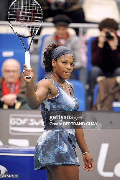 Serena Williams gestures during her WTA French open tennis match against her Czech opponent Iveta Benesova, on February 11, 2009 in Paris. Williams...