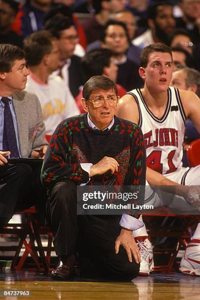 Lou Carnesecca, head caoch of the St. John's Redmen, during asemi-final Big East Conferance Touranment college basketball game against the Georgetown...