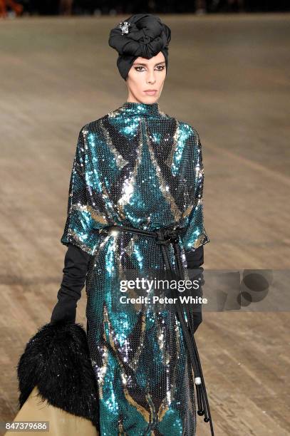 Jamie Bochert walks the runway at Marc Jacobs Show during New York Fashion Week: The Shows at Park Avenue Armory on September 13, 2017 in New York...