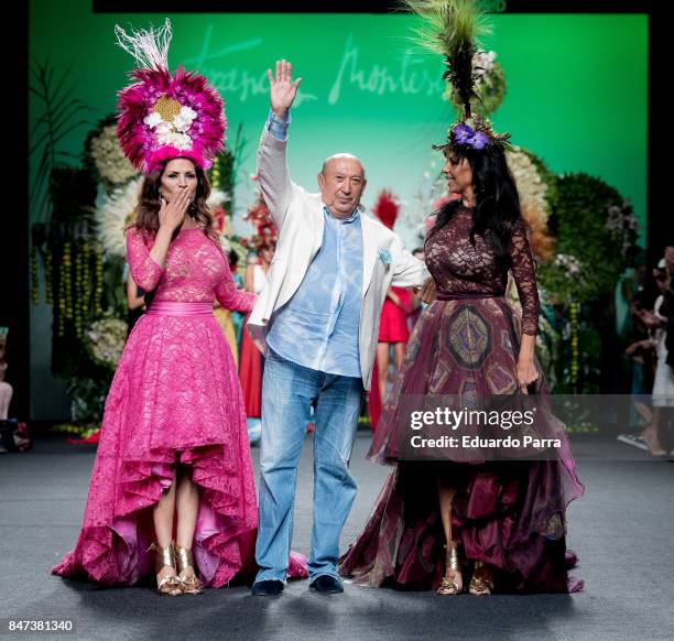 Designer Francis Montesinos, Toni Salazar and Encarna Salazar of spanish band Azucar Moreno walk the runway at the Francis Montesinos show during the...