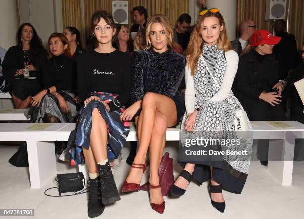 Ella Hunt, Olivia Cox and Niomi Smart attend the DAKS show during London Fashion Week September 2017 at The Langham Hotel on September 15, 2017 in...