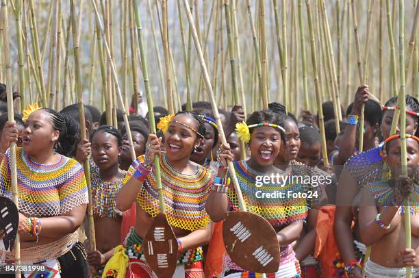 Young women and girls participate in the annual Royal Reed Dance festival on September 08, 2017 in KwaZulu-Natal, South Africa. The Reed dance is a...
