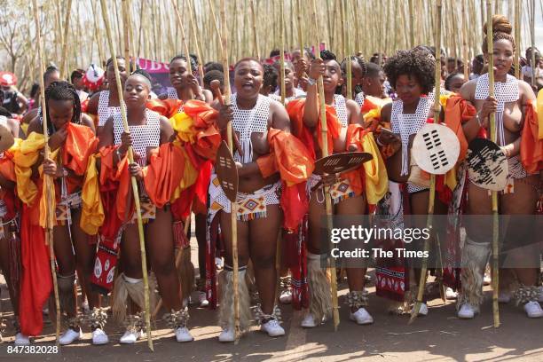 Young women and girls participate in the annual Royal Reed Dance festival on September 08, 2017 in KwaZulu-Natal, South Africa. The Reed dance is a...