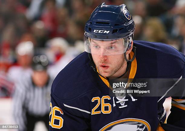 Thomas Vanek of the Buffalo Sabres skates against the Montreal Canadiens on February 6, 2009 at HSBC Arena in Buffalo, New York.