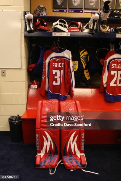 The jersey and pads of Montreal Canadiens goalie Carey Price are shown in the locker room during the McDonalds/NHL All-Star open practice as part of...
