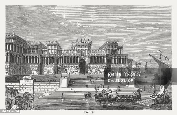 royal palace in nineveh, ancient city of the assyrian empire - ninawa stock illustrations
