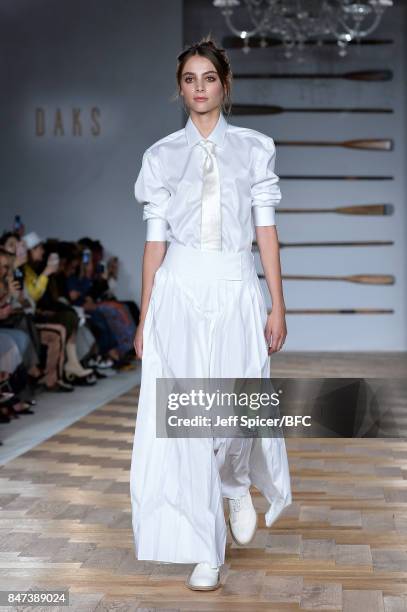 Model walks the runway at the DAKS show during London Fashion Week September 2017 on September 15, 2017 in London, England.
