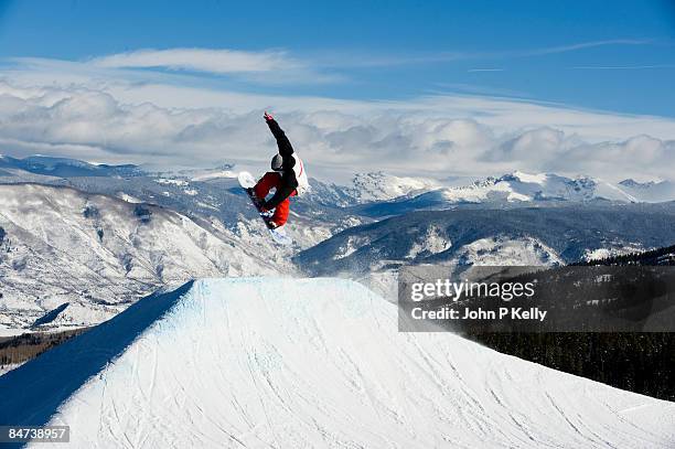 snowboarder in terrain park - snowmass stock pictures, royalty-free photos & images